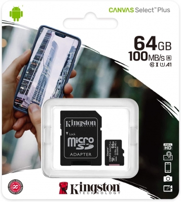 MICROSD KINGSTON 64GB CANVAS SELECT PLUS 100MB/S CLASE 10