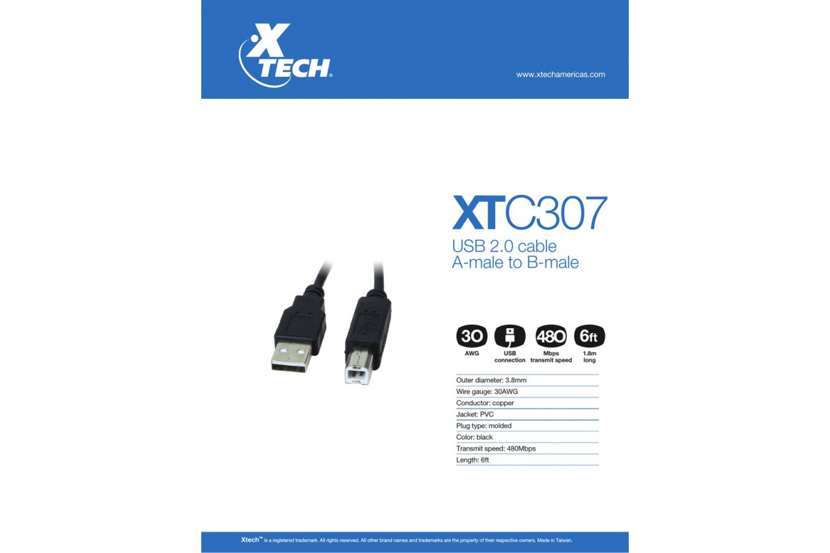 CABLE IMPRESORA XTECH 1.8MT USB 2.0 XTC307